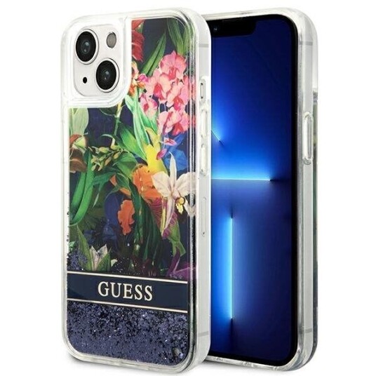 Guess Hardcase Flower Liquid Glitter Guhcp14mlflsb Galinis Dangtelis, Apple, Iphone 14 Plus, Mėlyna, 6,7 "