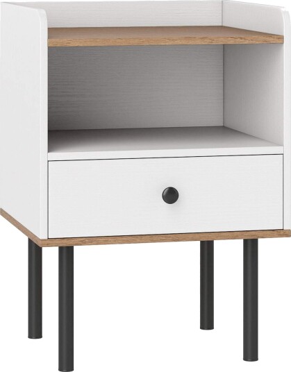 Hvitt nattbord med skuff og åpen hylle – moderne design