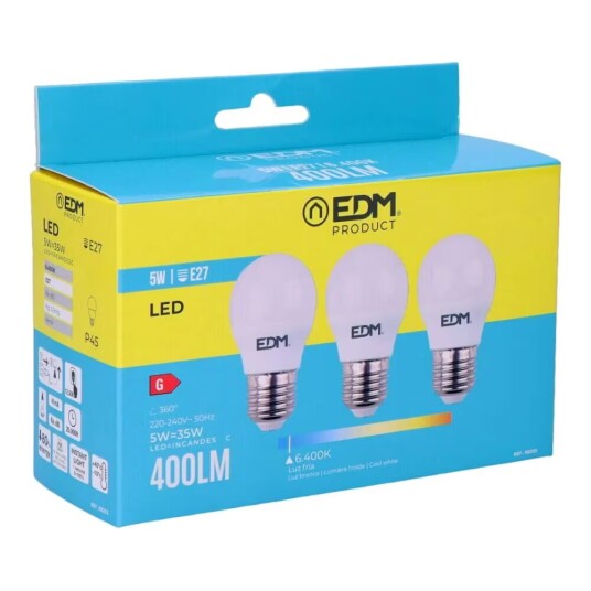 Edm Pack of 3 LED bulbs G 5 W E27 400 lm Ø 4,5 x 8 cm 6400 K