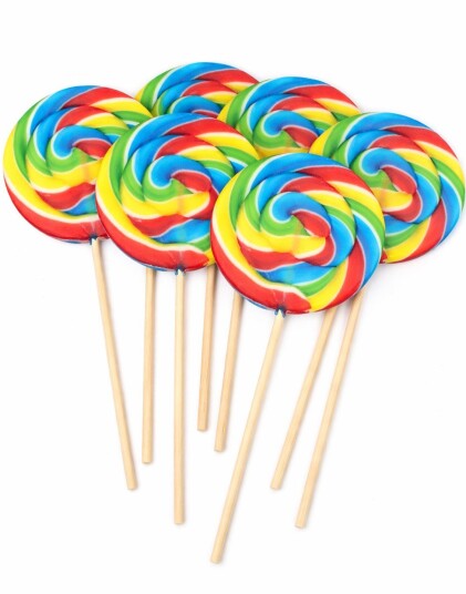 18 stk Rainbow Swirl Pops   Runde Regnbuefargede Kjærligheter på Pinne   Candy Realms   Hel Eske 1,44 kg