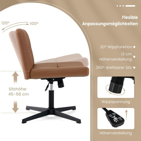 Kontorstol uten armlener Skrivebordsstol med bredt sete & Rocker funksjon imitert skinn for hjemmekontor brun Kontorstol uten armlener Skrivebordsstol med bredt sete & Rocker funksjon imitert skinn for hjemmekontor brun
