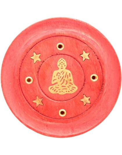 Rund Liten Rød Røkelsesholder i Mango Tre med Buddha Motiv 7 cm