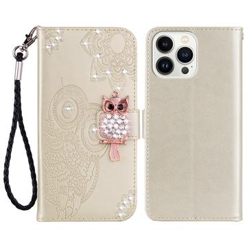 iPhone 16 Pro Ugle Rhinestone Lommebok deksel Gull