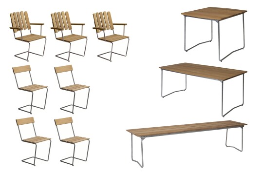 Grythyttan Stålmöbler B31 spisegruppe Oljert eik/galvanisert stål 3 lenestoler, 4 stoler, benk 170 cm, bord 84 x 92 cm & bord 170 x 92 cm