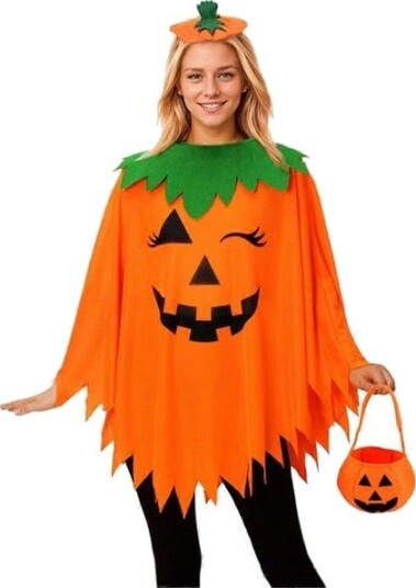 Halloween Gresskarkostyme til Dame med Poncho, Pannebånd og Veske 3 Deler