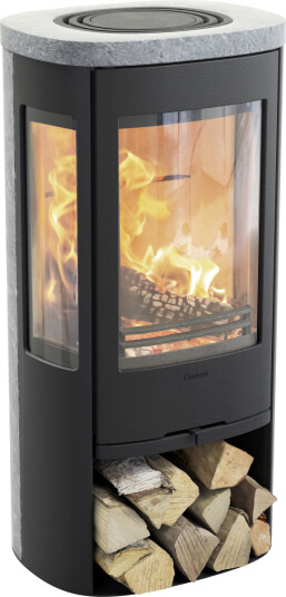 Contura 856T Style svart vedovn med sideglass, støpejernsdør og klebersteinsomramming Contura 856T Style svart vedovn med sideglass, støpejernsdør og klebersteinsomramming