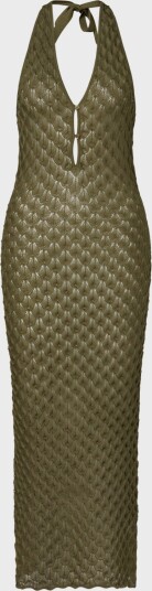 Malina Esra Knitted Halterneck Maxi Dress   Khaki green   XS