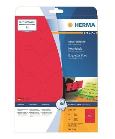 HERMA Neon labels A4 Ø 60 mm round luminous red permanent adhesion