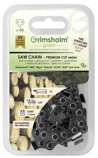 Grimsholm 12" 46dl 3/8" 1.1mm Premium Cut Motorsågskedja Grimsholm 12" 46dl 3/8" 1.1mm Premium Cut Motorsågskedja