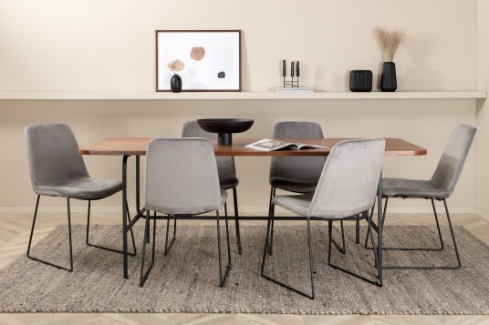 Venture Home Spisegruppe Unnao 200 cm inkl. 6 Allepuz Stoler Valnøttsbrun/Svart/Grå