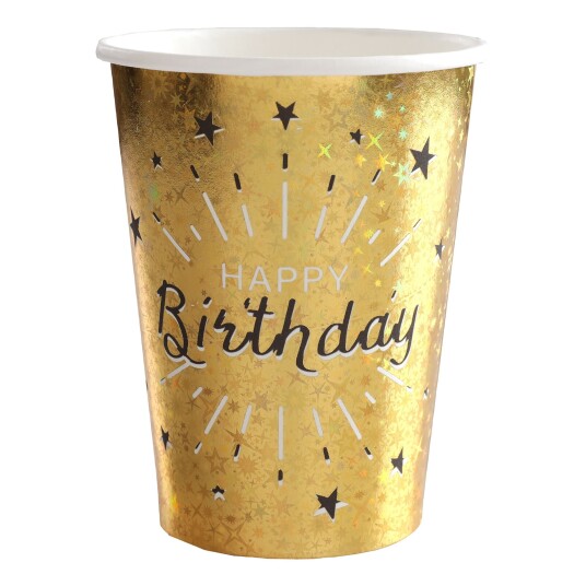 Santex Pappkopper Sparkling Happy Birthday Svart/Gull - 10-pakning