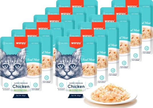 Wanpy 12 x Retort Pouch & Codfish 1020gr total Chicken 85 g