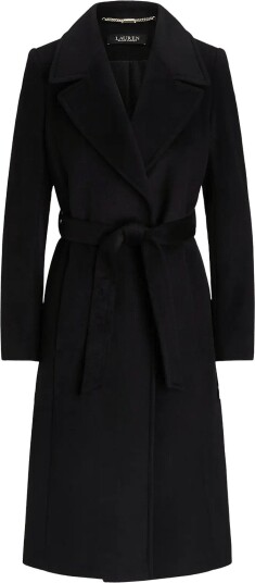 Lauren Ralph Lauren Belted Wool Blend Wrap Coat   BLACK   48