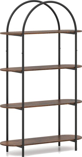 4 etasjes buet bokhylle med metallramme og trehyller