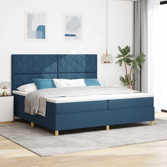 Box Spring Seng med Madrass Blå 200x200 cm Stoff Box Spring Seng med Madrass Blå 200x200 cm Stoff