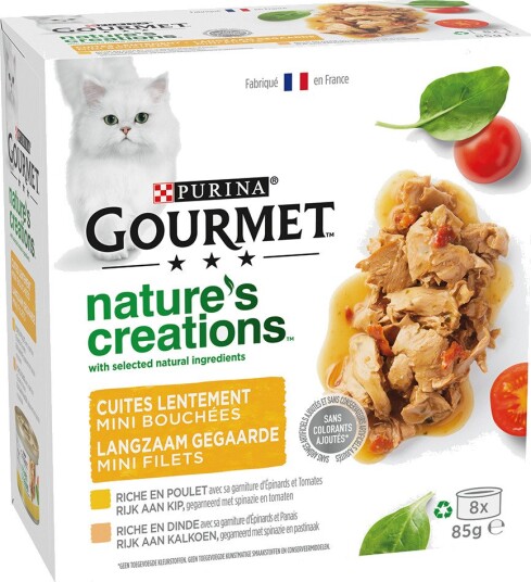 Gourmet våtfôr Opptil 12 bokser på kjøpet 32 Nature's Creations med spinat + 12 bokser på kjøpet Kalkun 48x85 g 36 x 85 g