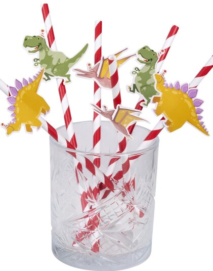 6 stk Rød Stripete Papirsugerør med Pappmotiv Dinosaur Fest