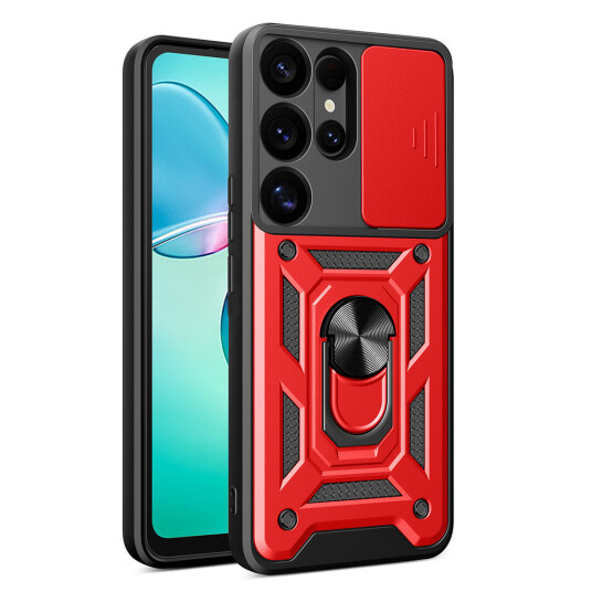 Hurtel Hybrid Armor CamShield Deksel med kameradeksel og metallring for Samsung Galaxy S25 Ultra Rød