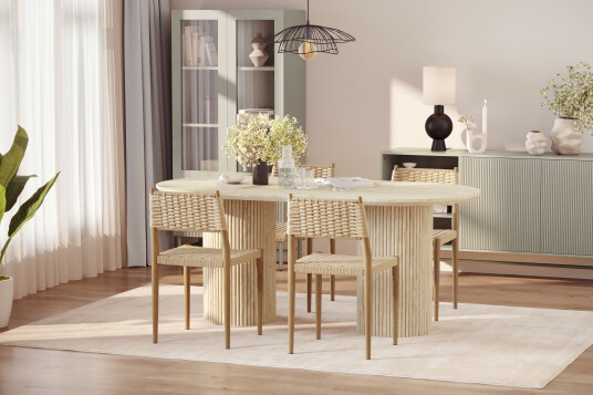 Scandinavian Choice Uppveda Spisebord med travertin look med 4 stk Jamna Spisestoler Beige
