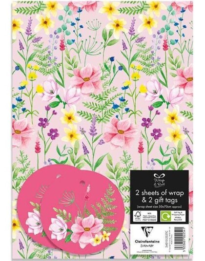 2 stk Vakre Blomster Gavepapir med 2 stk Navnelapper 50x70cm