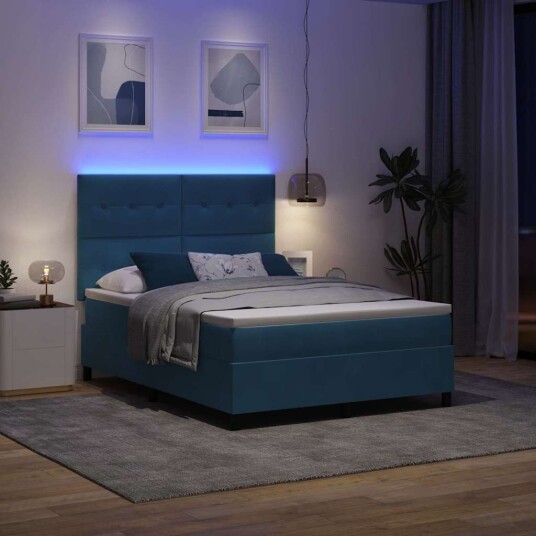 Box Spring Seng med Madrass & LED Mørk Blå 140x200 cm Fløyel Box Spring Seng med Madrass & LED Mørk Blå 140x200 cm Fløyel