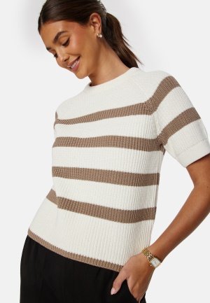 SELECTED FEMME Slfbloomie SS Knit O-Neck Snow White Str Greig XS