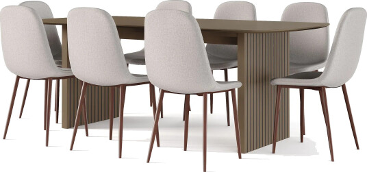 Richeto spisebord røkt eik 210 cm valnøtt + 8 stk. Nibe stol beige med valnøttben - Brun/Beige