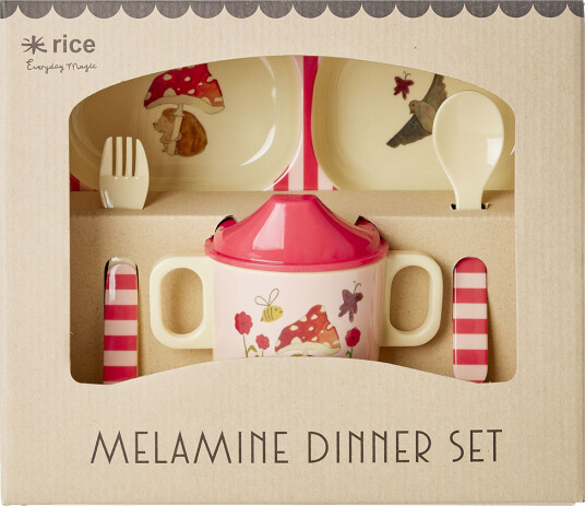 RICE Middagssett i melamin Rosa Happy Forest-trykk 4 deler