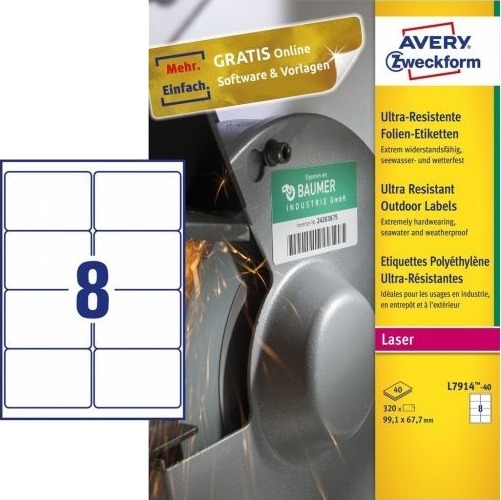 Avery L7914 40 Hvit Selvklebende Skriveretikett A4 Polyetylen Laser Permanent