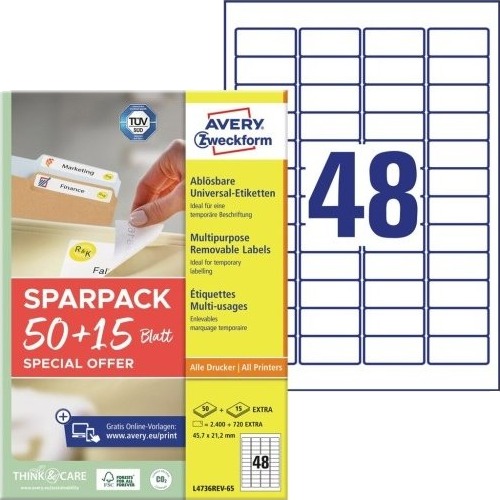 Avery L4736rev 65 Hvit Selvklebende Skriveretikett A4 Papir Laser/Blekkstråleskriver Avtagbar