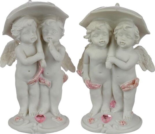 1stk Assortert Figur med to Englebarn i Regnet Med Paraply 10 cm