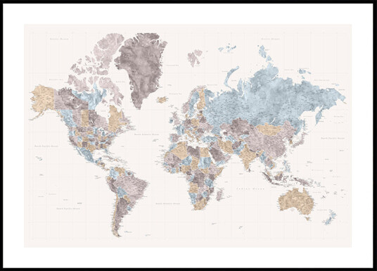 Mahler highly detailed world map with cities Plakat Plakat / 21x30cm