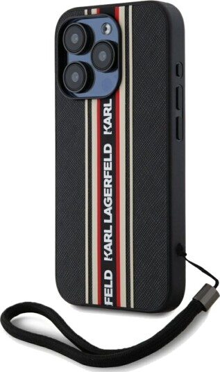 Karl Lagerfeld Saffiano Athleisure Stripes Cord iPhone 15 Pro Max Case - Red