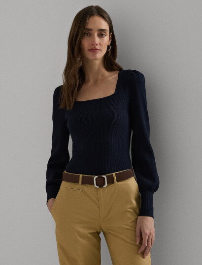 Lauren Ralph Lauren Rib-Knit Puff-Sleeve Sweater - Navy - XL