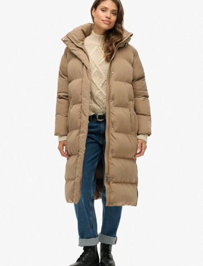 Superdry Longline Hooded Puffer Jacket Beige M Superdry Longline Hooded Puffer Jacket Beige M