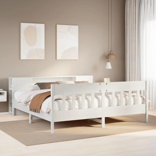 Seng med bokhylle uten madrass hvit 200x200 cm heltre furu 8721158619587
