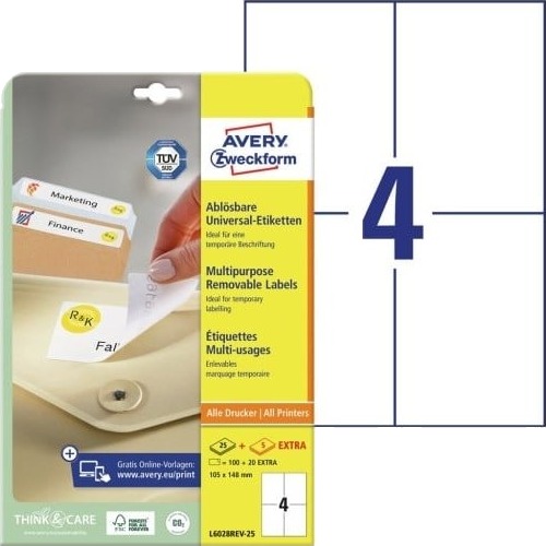 Avery L6028rev 25 Hvitt Rektangulært Flyttbart A4 Universalpapir