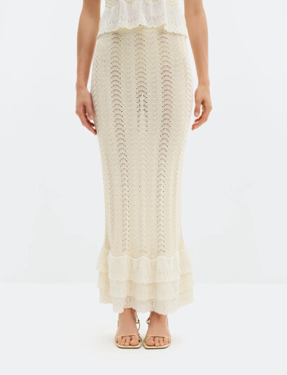 Malina Zenna Crochet Trimmed Knitted Maxi Skirt Cream L