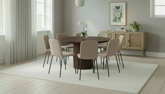Bark Kopparbo Rundt Spisebord 180 cm med 8 Katy Spisestoler Valnøtt / Greige Bouclé / Metallben Svart