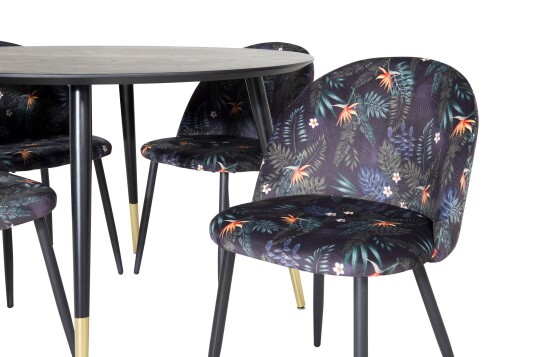 Venture Home Dipp Spisegruppe 115 cm Rund med 4 Velvet Stoler Sort/Guld