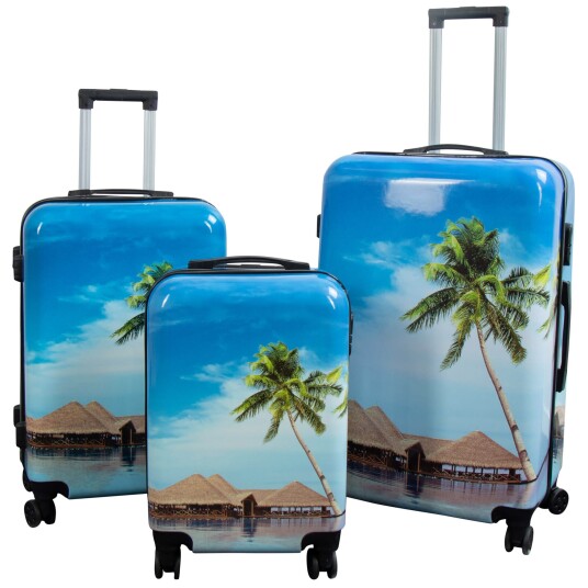Borg Living Koffertsett - 3 stk. - Koffert med motiv - Strand og palmer - Hardcase lettvektskoffert med 4 hjul Borg Living Koffertsett - 3 stk. - Koffert med motiv - Strand og palmer - Hardcase lettvektskoffert med 4 hjul