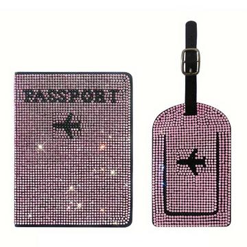 Sett med passholder og bagasjelapp med rhinsteiner   rosa