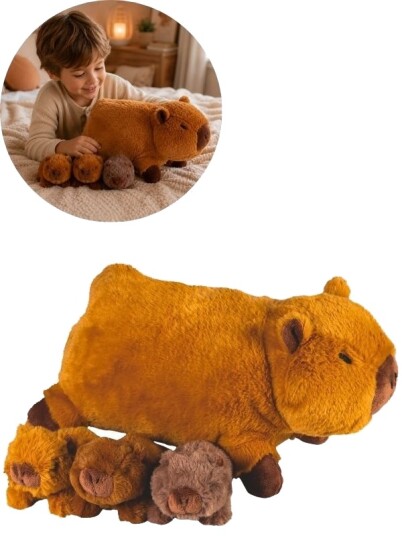 En Capybara-Mor Med Tre Unger