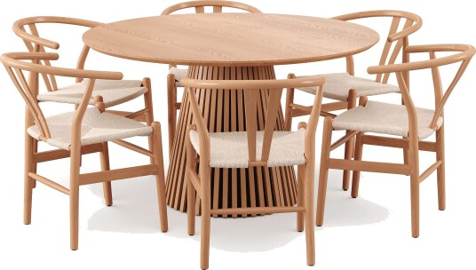 Peyra spisegruppe rund 130 cm eik med 6 Dastoori spisestoler Eik