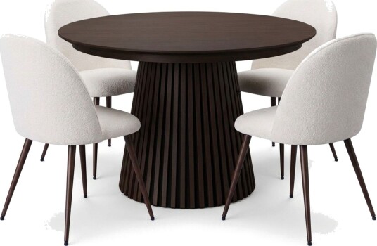 Spisegruppe Bark Peyra 120 220 cm Røkt eik Hvit bouclé/Metallben Valnøtt  