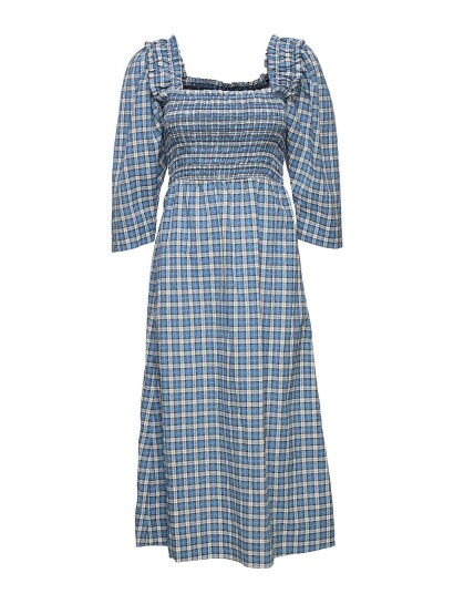 GANNI Seersucker Check Smock Midi Dress   Blue   36