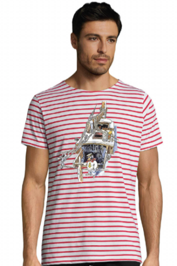 Huset Aukrust Solan i båt med rød striper t skjorte unisex L Huset Aukrust Solan i båt med rød striper t skjorte unisex L