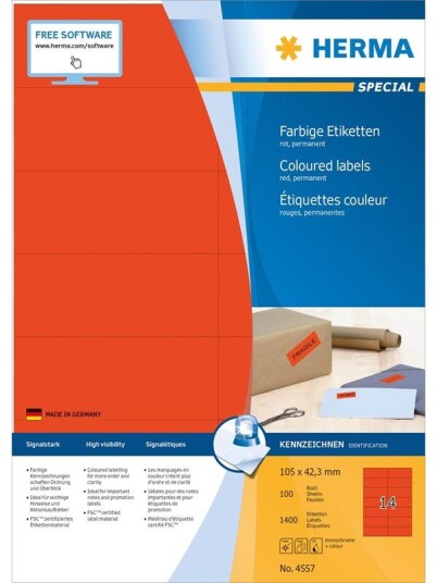 HERMA Coloured labels A4 105 x 42.3 mm red permanent adhesion