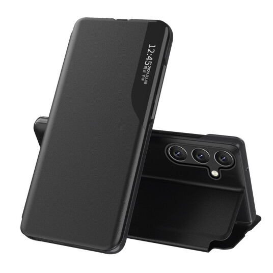 Hurtel Eco Skinn View Deksel med Stativ til Samsung Galaxy S25+ Svart