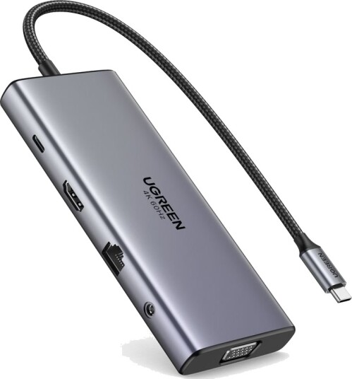 UGREEN 11-i-1 USB-C Hub til 3x USB-C/2x USB-A/HDMI/VGA/RJ45/SD/TF/3,5 mm - Grå